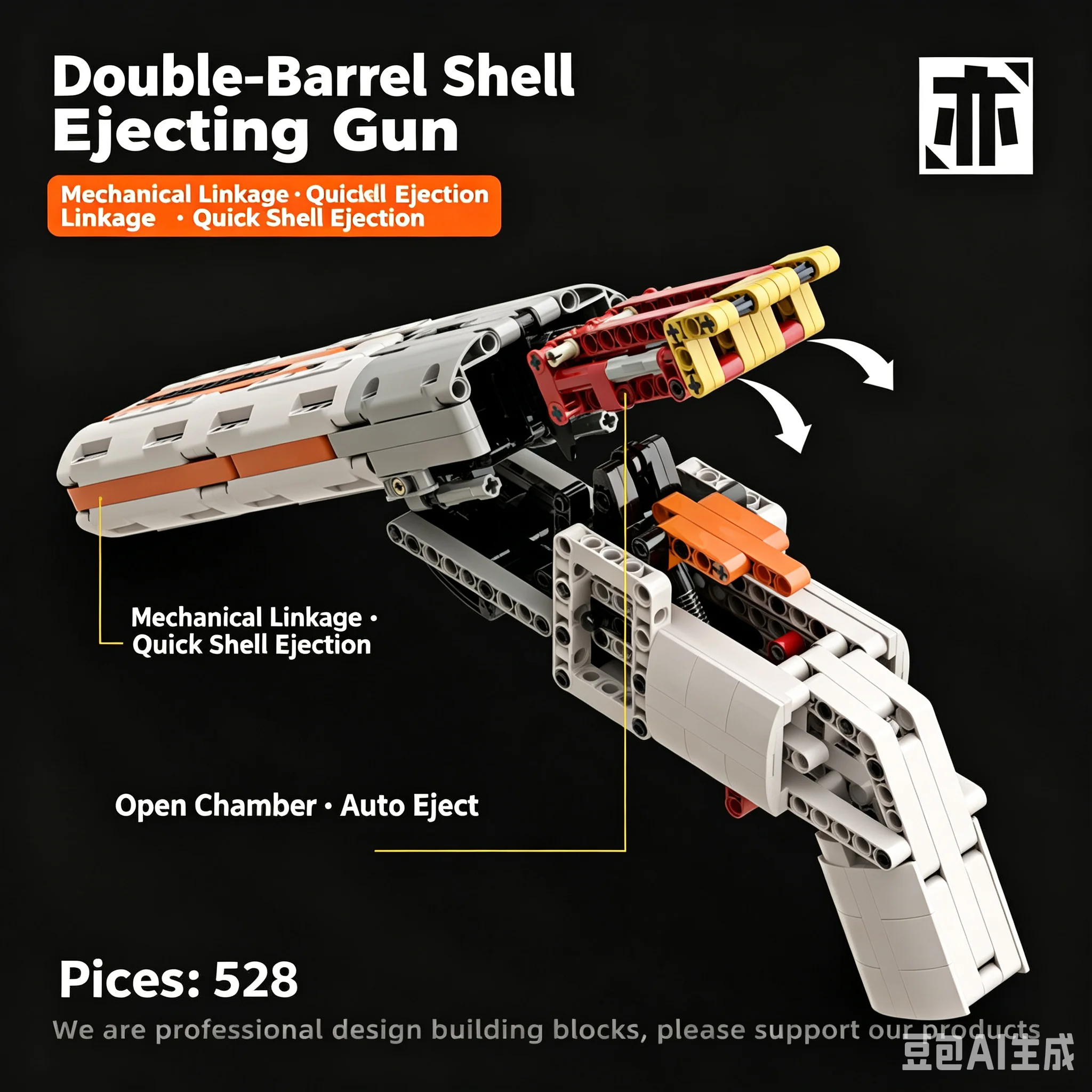 528PCS Double-Barrel Shell Ejecting Shotgun Building Blocks Kit MOC Linkage Blaster Assembly Weapon Bricks Toy Gift For Adult