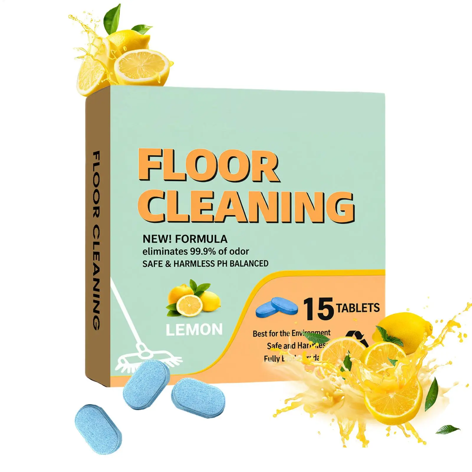 15PCS Floor Cleaning Mop Tablets Lemon Pet Safe Cleaner Streak-Free Multi-Surface Solution for Wood Tile Laminate, Home