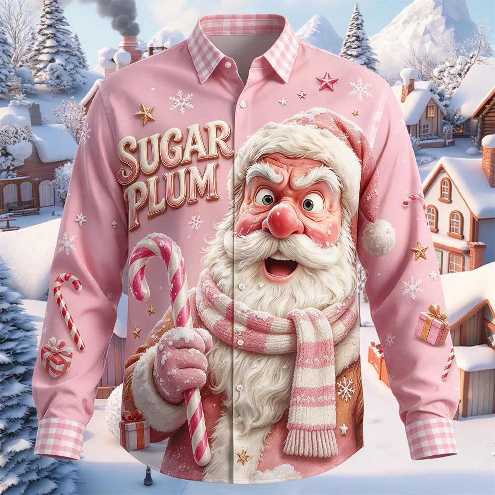 3D Santa Button Up Shirts Ugly Christmas Shirt for Men Long Sleeve Plaid Button Down Shirt Snow Fox Xmas Holiday Party Tops Gift
