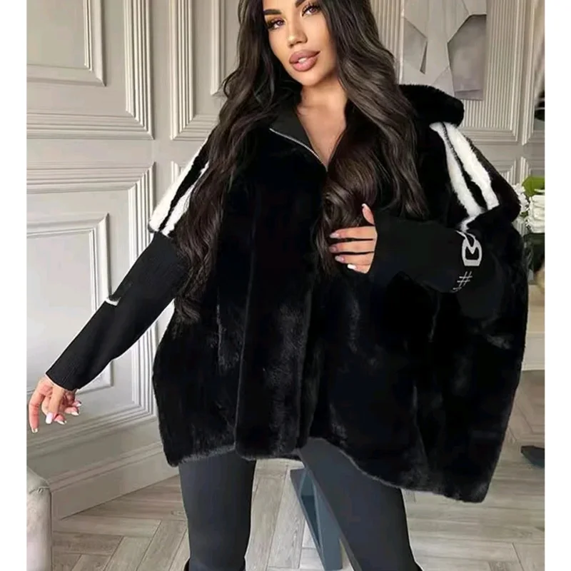 Zimowa Nowa Damska Luźna Kurtka z Zamkiem Błyskawicznym, Nieodłączanym Kapturem, Długim Rękawem, Wykonana ze Sztucznej Skóry z Futrem, Ocieplana, Średniej Długości.