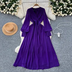 Vintage Long Sleeve Elegant Criss-Cross V-neck Chic Pleated Slim Long Chiffon Dresses French Evening High Street Autumn Clothing