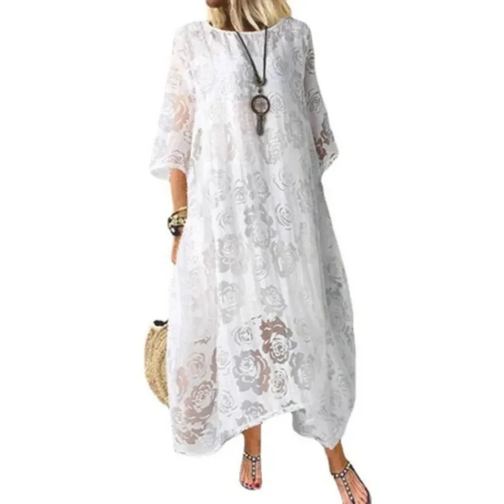 Damska sukienka L-5XL Plus Size Summer Round Neck Short Sleeve Lace Long Dress Vintage Handmade Hollow Flower Dress Lace Loose Casual