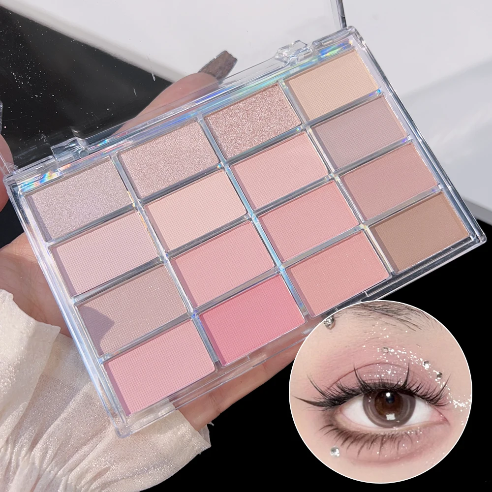 Paleta de sombra de ojos de 16 colores, paleta de maquillaje de ojos con brillo, lentejuelas rosas, mate, resistente al agua, encantador, cosméticos para mujeres y niñas