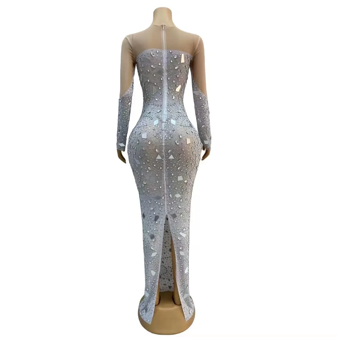 Sexy Stage Birthday Celebrate Sexy Transparent Silver Rhinestones Mirrors Dress Stretch Outfit Prom Party Collections Club Gowns