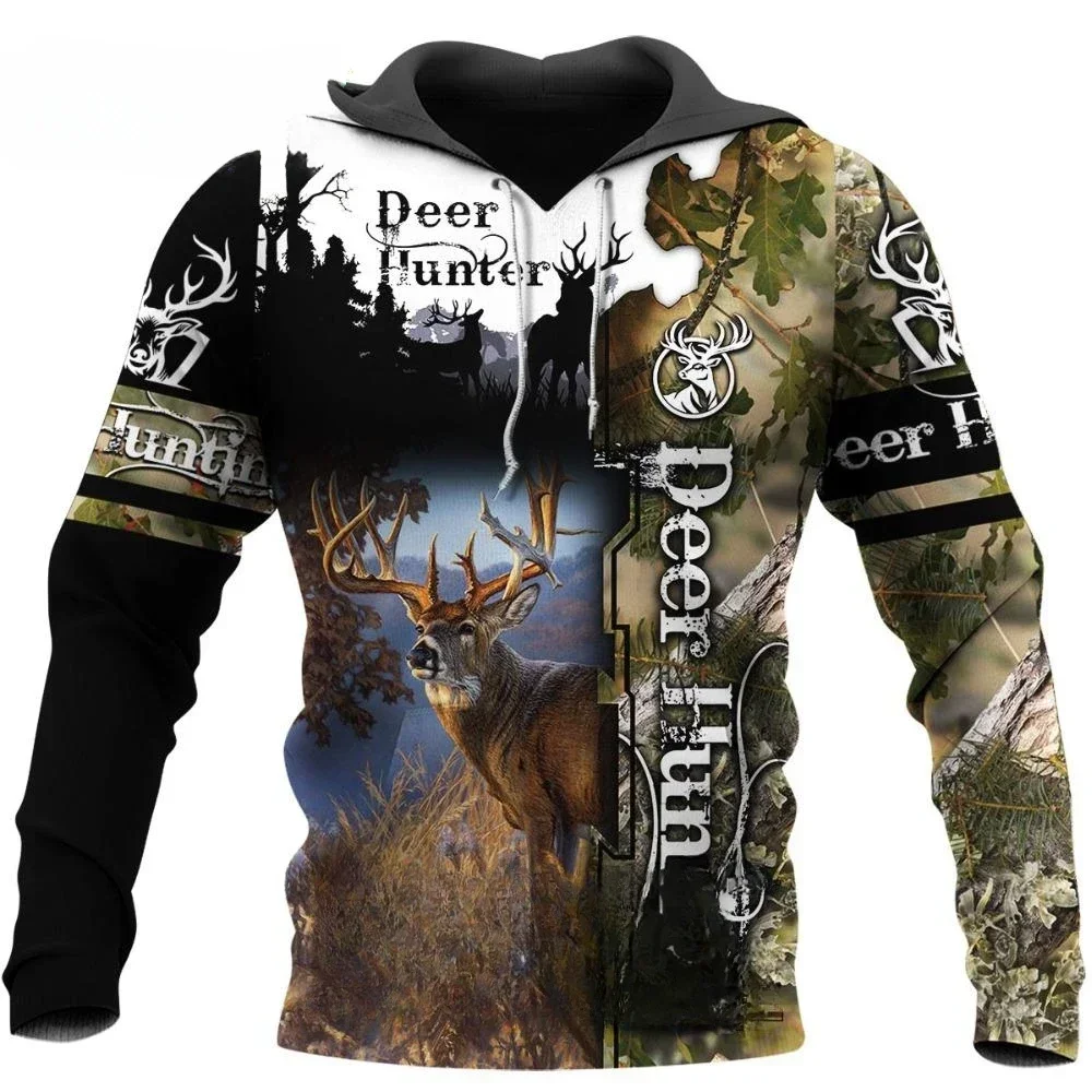 Fashion Deer Hunting Animal Men\'s Hoodie 3D Print Autumn Sweatshirt Orange Camouflage Street Casual Long Coat Hooded Mantle