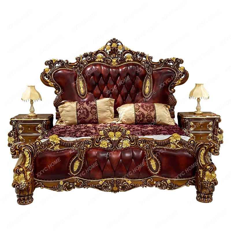 European-Style Leather Bed Wood Carved 1.8 M Bed American Double Bed Wedding Bed Luxury Villa High Back Bed 2 M