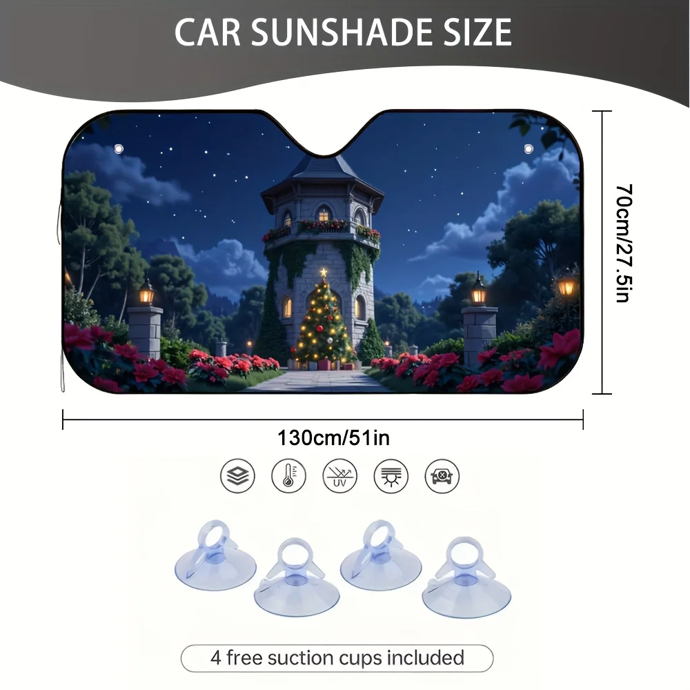 1pc 2D Flat Foldable Sunshade For Car Featuring A Tower And Starry Sky Design, Made Of 100% Polyester. Ideal For New Year Use, I