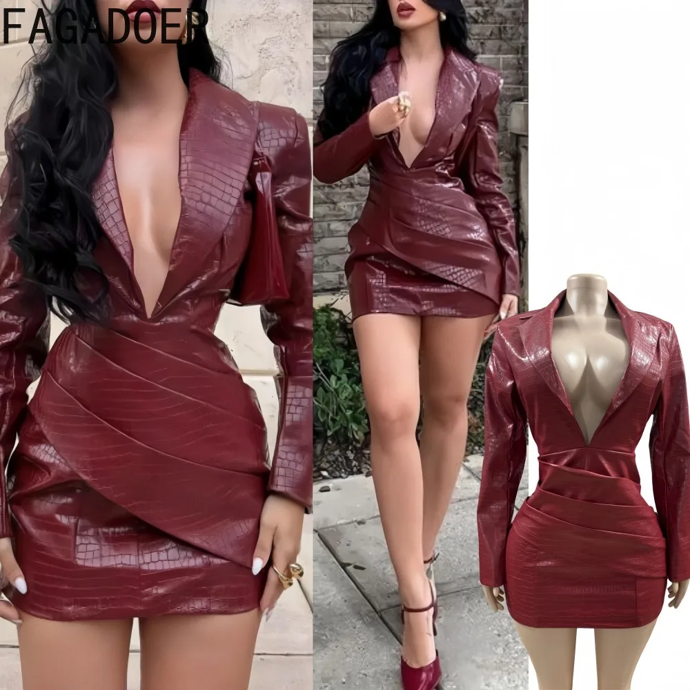 

FAGADOER Sexy Ruched Leather Patchwork Dresses Women Deep V-neck Long Sleeves Bodycon Dress Female Streetwear Vestidos 2026 New