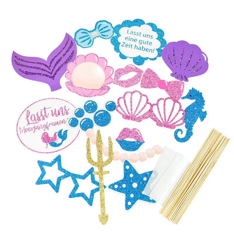 16pcs Mermaid Theme Party Paper Photo Booth Props Scallops Starfish Handheld Photo Props Under The Sea Party Baby Shower Decor