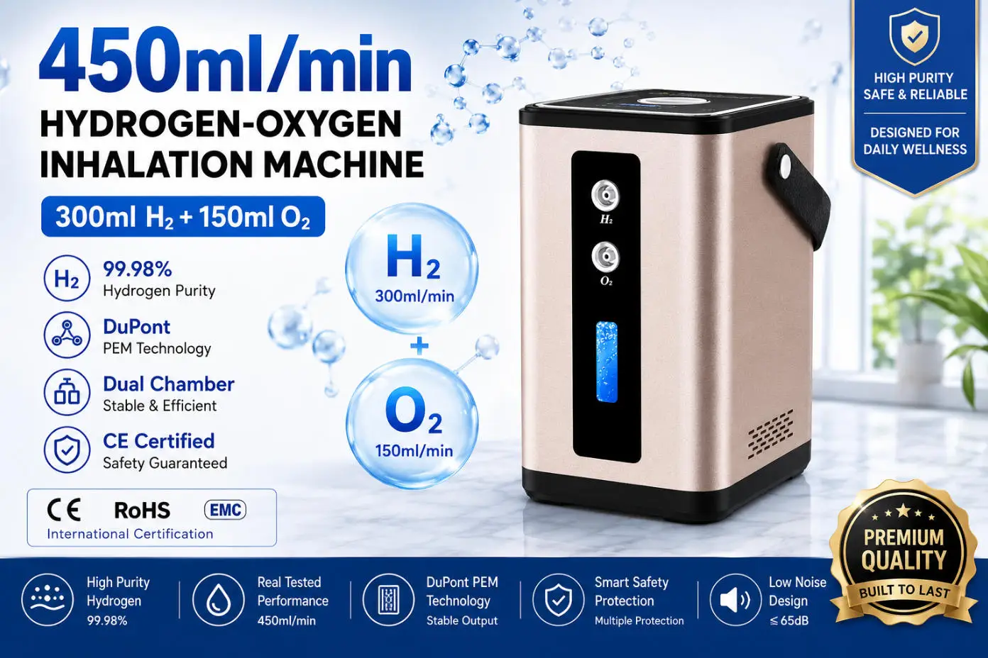 Wasserstoff-Inhalationsgerät 450ml/min H2 O2 Generator 99,98% Reiner Wasserstoff-Inhalator SPE PEM Doppelkammer Heim-Wellness-Gerät CE – Detail 2