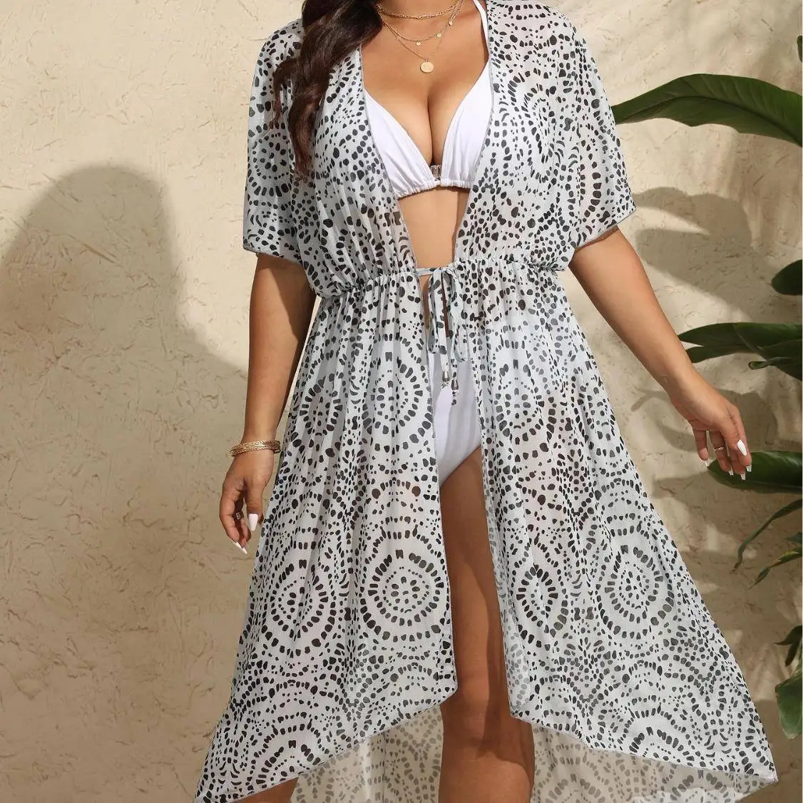 

Ladies Large Size Printed Beach Sun Protection Outerwear Asymmetrical Tying Dot Pattern Open Cardigan Long Thin Model F11696