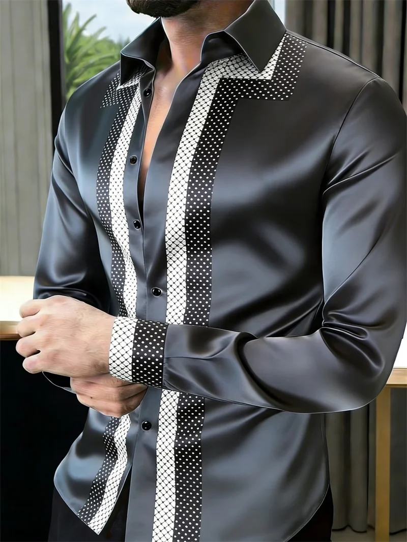 New Light Grey Satin Patchwork Line Plaid Printed Men's Long Sleeved Shirt, Light Luxury Casual Slim Fit Shirt