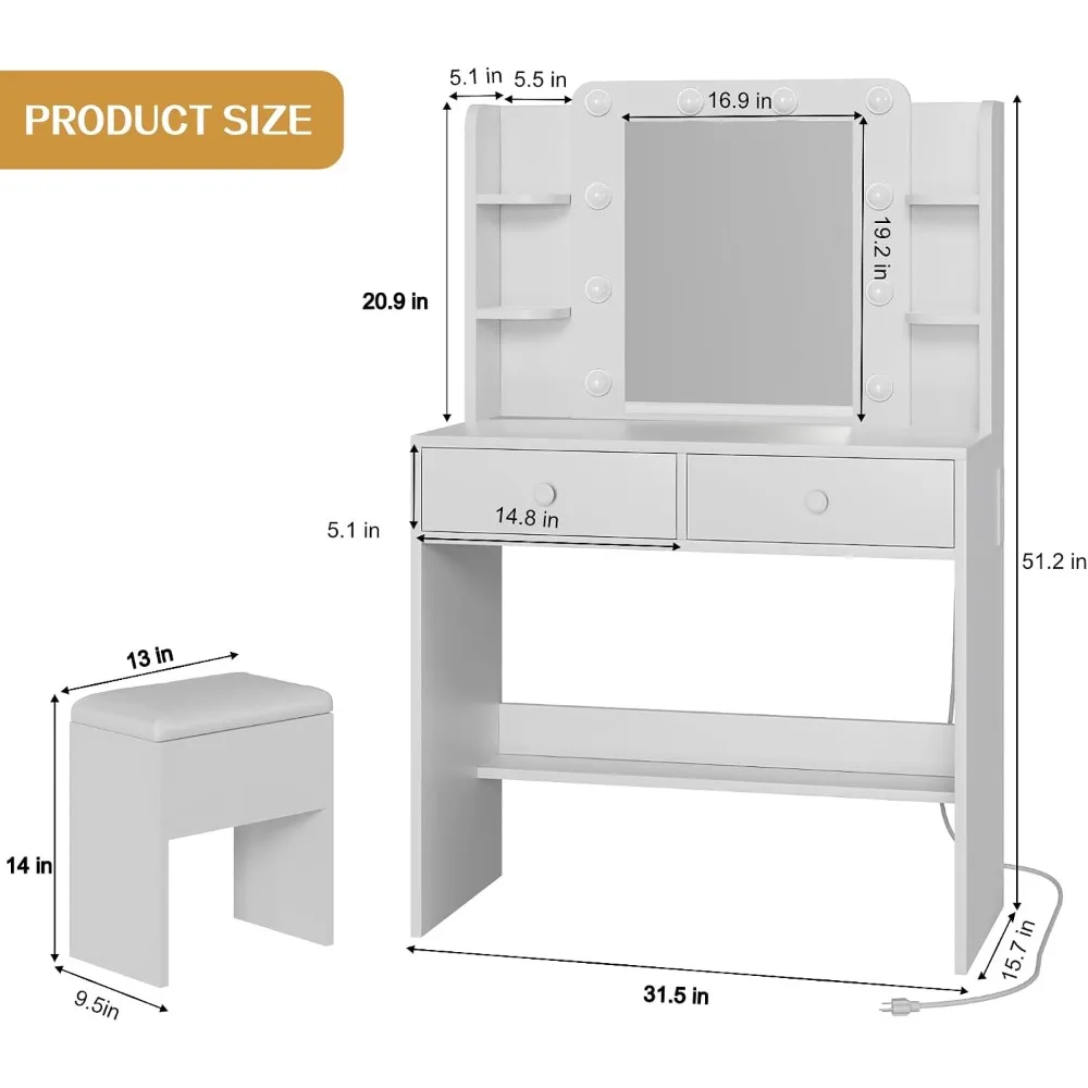 Makeup Vanity Desk with LED Mirror and Chair Set, White