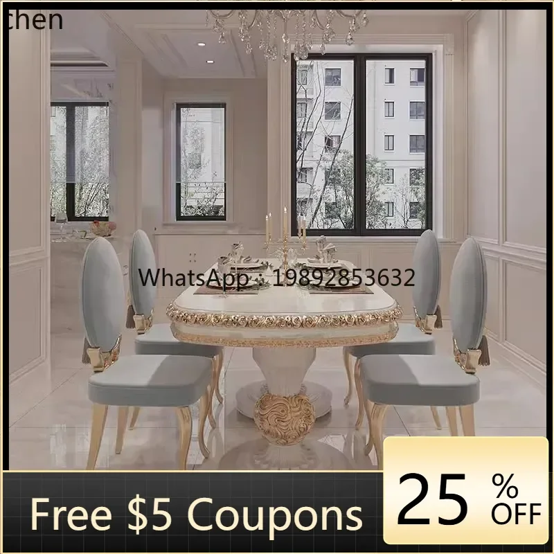 

AB light luxury court style dining table and chair combination solid wood carving flower oval high-end villa luxury