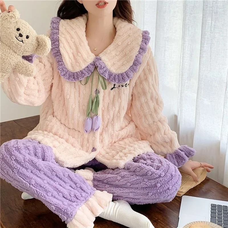 Lady New Autumn Winter Loungewear Suit Coral Plush Women Pajamas Thickening Sleep Clothes Famale Warm Homewear Set Girls Pijama