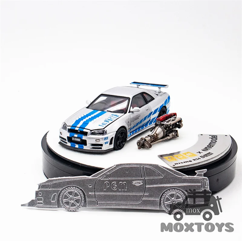 PGM x One model 1:64 GTR R34 Z-TUNE Silver Blue Limited999 Diecast Model Car