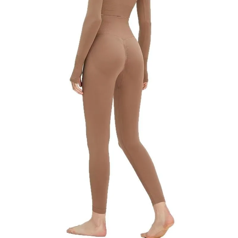 เลกกิ้งเอวสูงไร้ตะเข็บสำหรับผู้หญิง ยกกระชับสะโพก ผ้าถักยืดหยุ่น กระชับรูปร่าง เหมาะสำหรับออกกำลังกาย ฟิตเนส และเล่นกีฬา