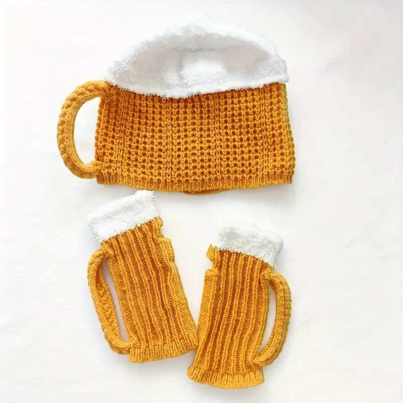 

Unisex 3D Beer Mug Design Knit Beanie Men Women Innovative Design Half Finger Warm Soft Plush Knitted Yellow Gloves
