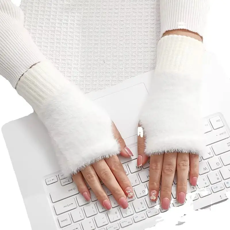 Soft Winter Half Finger Gloves Women Warm Luxury Solid White Plush Knitted Fingerless Gloves Wrist Mittens Writting