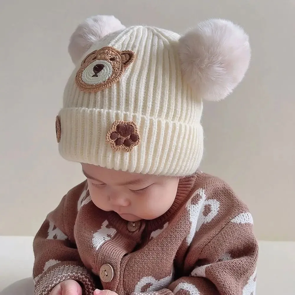 

New Cute Durable High Quality Cartoon Bear Knitted Cap Double Ball Cold Protection Soft Crochet Hats Winter Hat Girl Boy