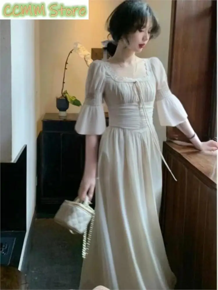 Korean Elegant Princess Evening Party Midi Dresses Summer Chic Bandage Beach Vestidos French Court Style Big Hem Robe Clothes