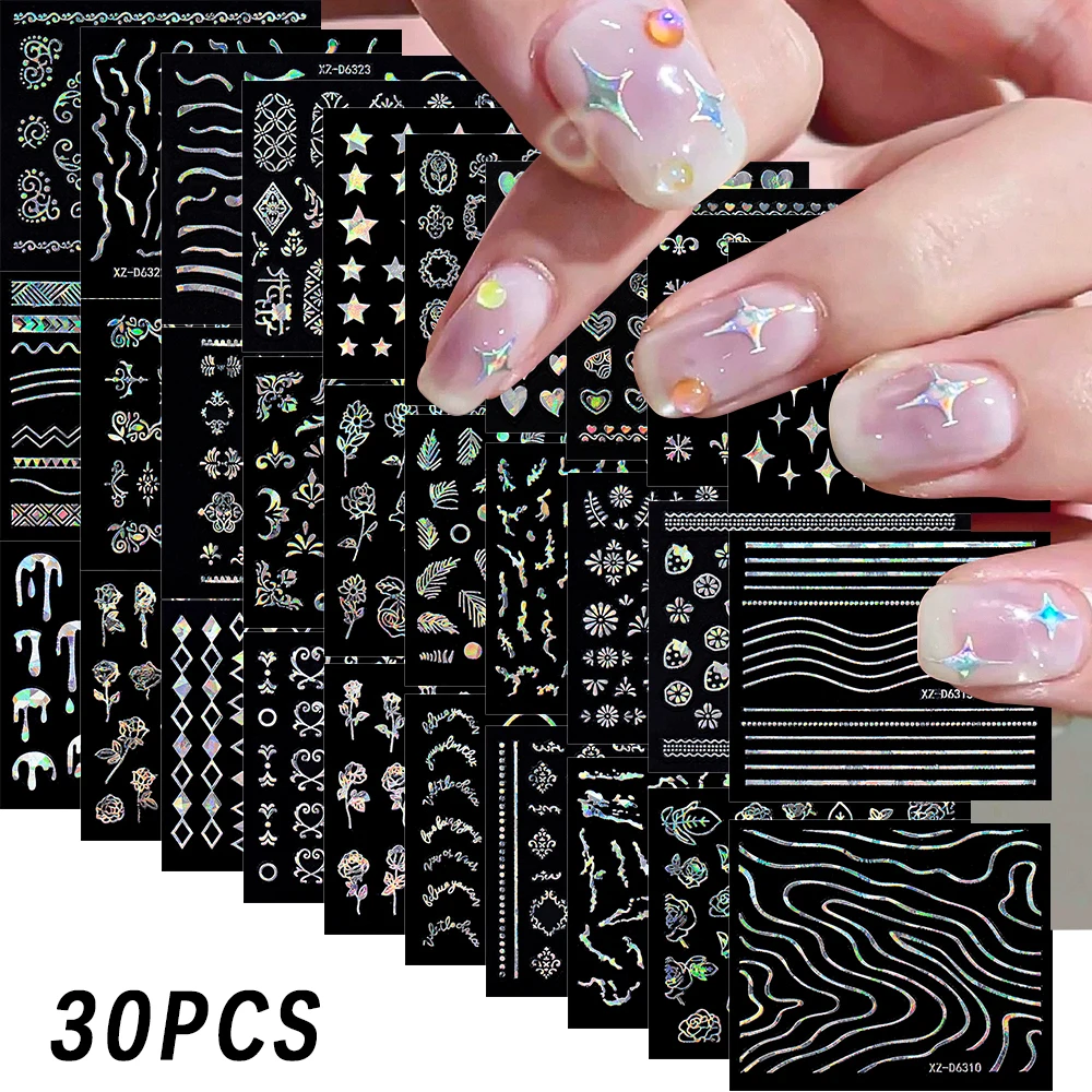 

30pcs/set Silver Flowers Line Geometric Nail Stickers 3D 5.4x6.2cm Laser Silver Cross Star French Nail Decal Manicure Decoration