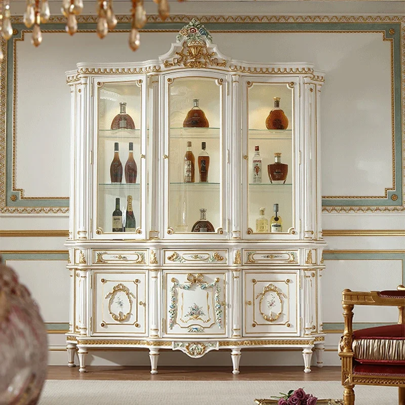 European Style Luxury High Quality Wooden And Glass Handmade Carving Classical Living Room White Wine Cabinet