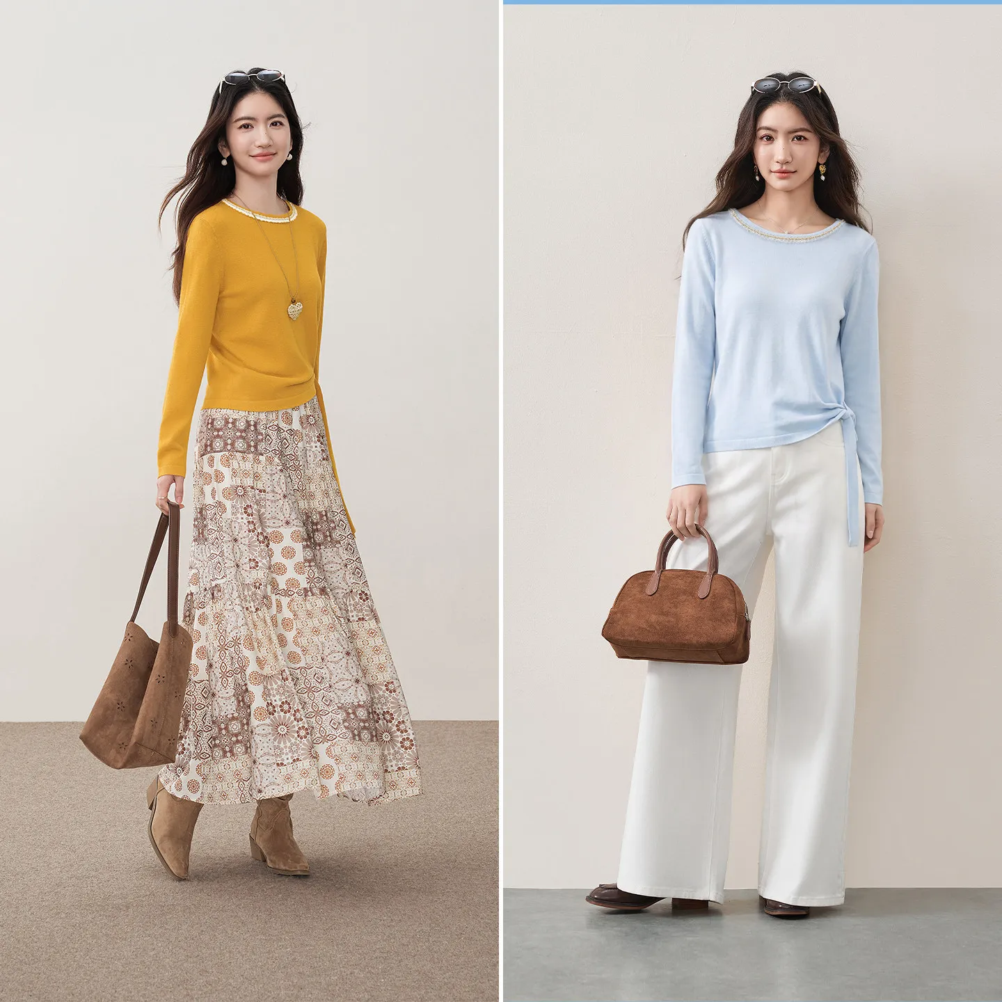 SENTUBILA Women's Soft Skin Knit Top 2026 Autumn Jumpers Luminous Thread Ribbon Crew Neck Long Sleeve Pullover Sweater W63HE8403