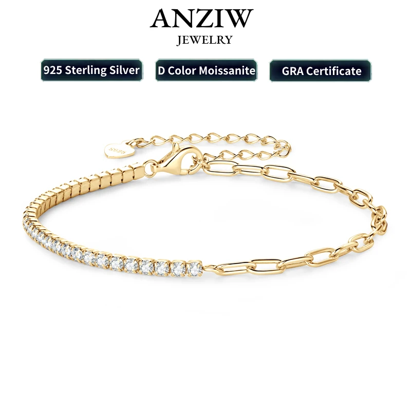 

Anziw 925 Silver Half Chain Tennis Bracelet 2-5mm D Color Moissanite Bracelet for Women Fine Jewelry 18k Gold Plated Bangle New