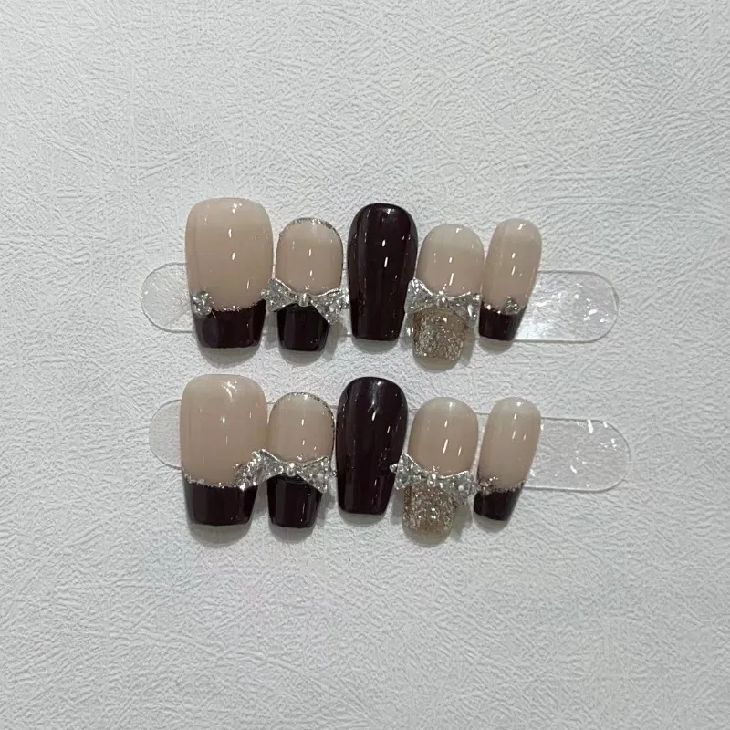 10Pcs /Set  Full Cover False Nails Press on Nails  Pure Handmade Patch Removable Fake Nails Wine red flash bow