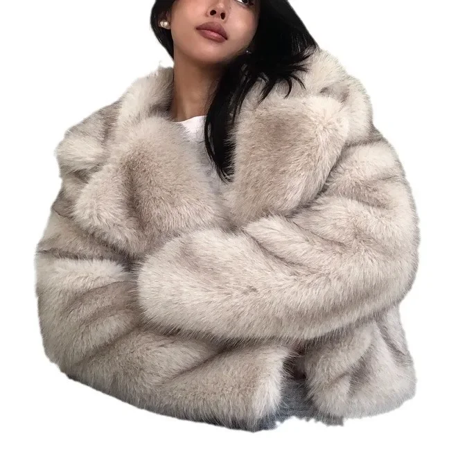 Jas met gradiëntbontpunten 2025, korte nepbontjas voor dames, kraagvorm, pluche winterstijl