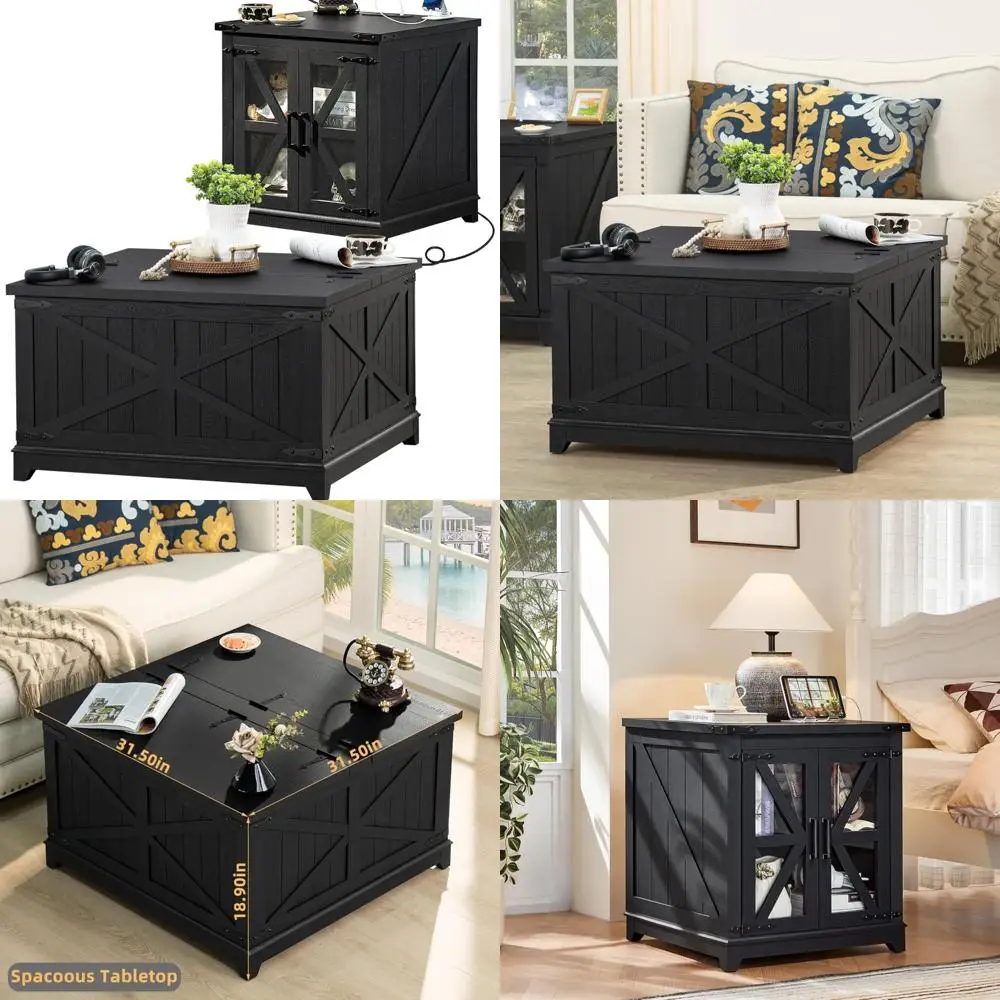 Two-Piece Farmhouse Coffee and End Table Set with Charging Station and Hidden Storage