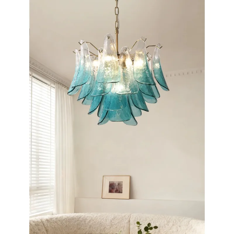 2026 French Medieval Style Blue Petal Glass Chandelier Vintage Living Room Lamp Bedroom Study Villa Duplex And Dining Room Light