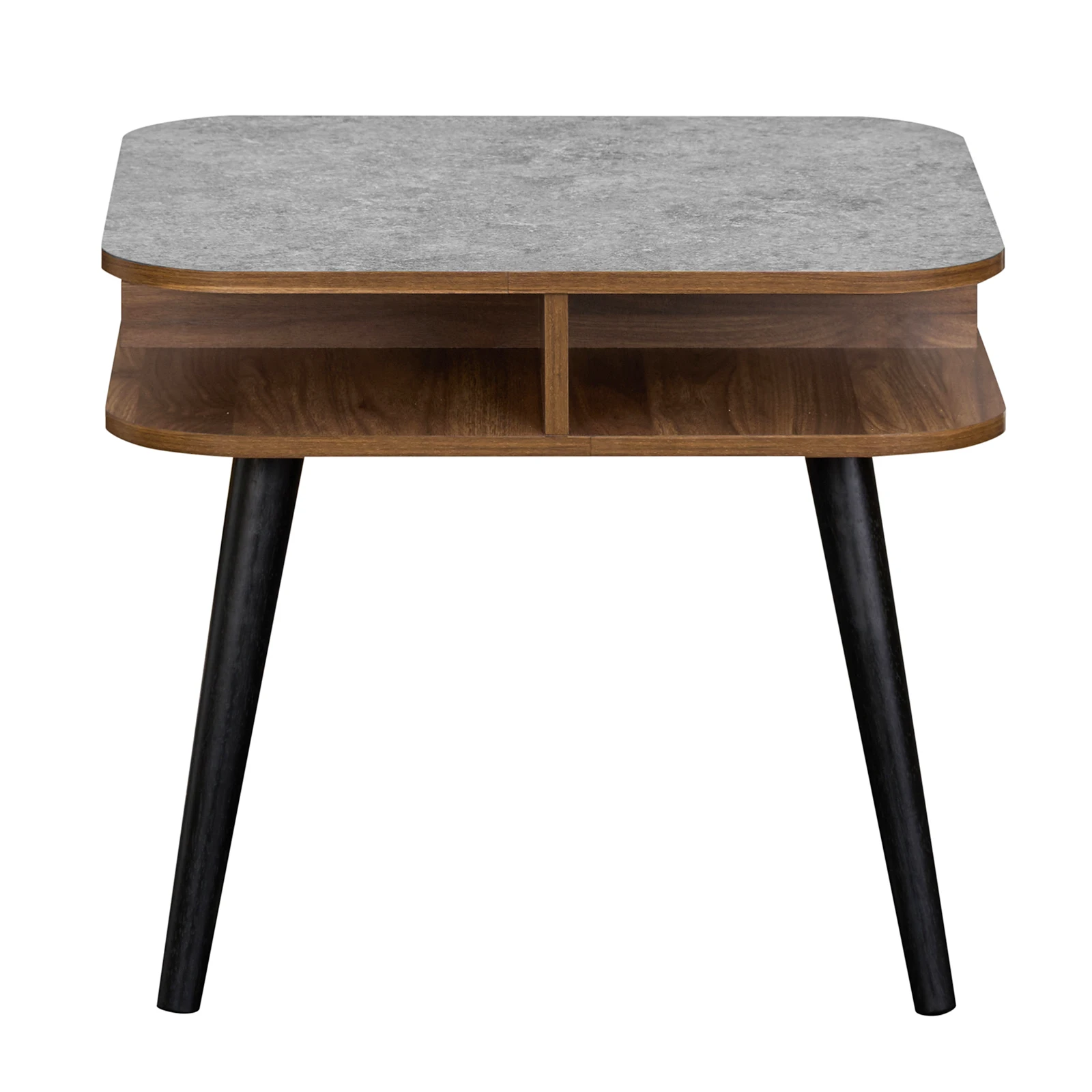 

Приставной столик из искусственного мрамора с полками для хранения и ножками из каучукового дерева для гостиной