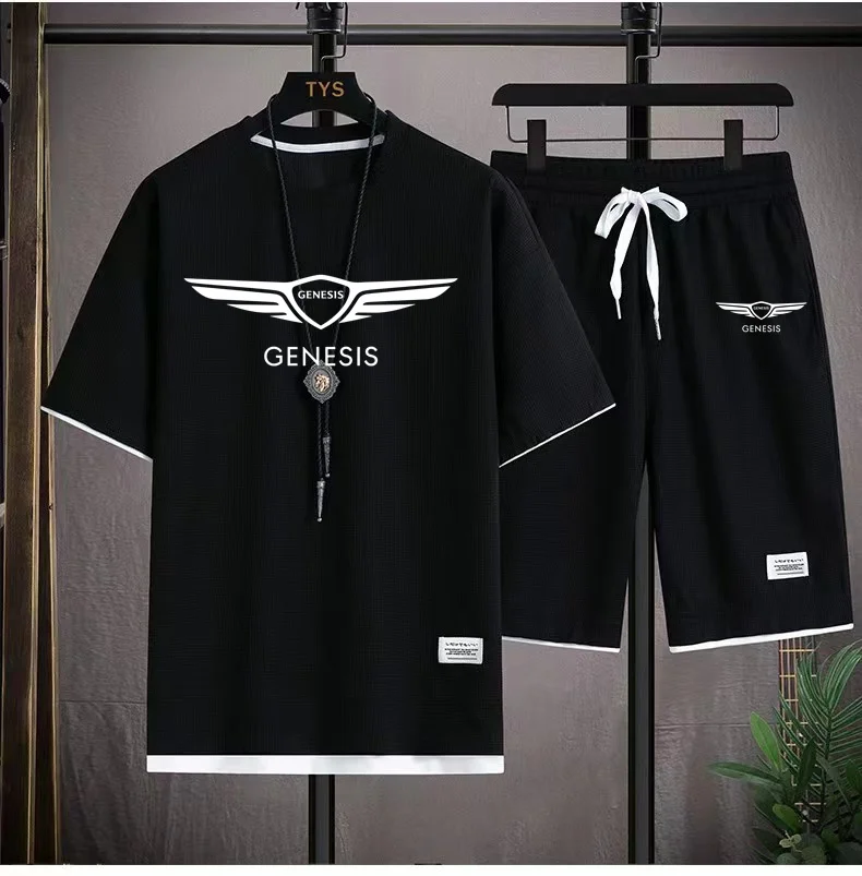 

Summer New Genesis Men's Breathable Short sleeved T-shirt+Shorts Set Outdoor Fashion Hiking Fishing Men's Casual Top Shorts Set