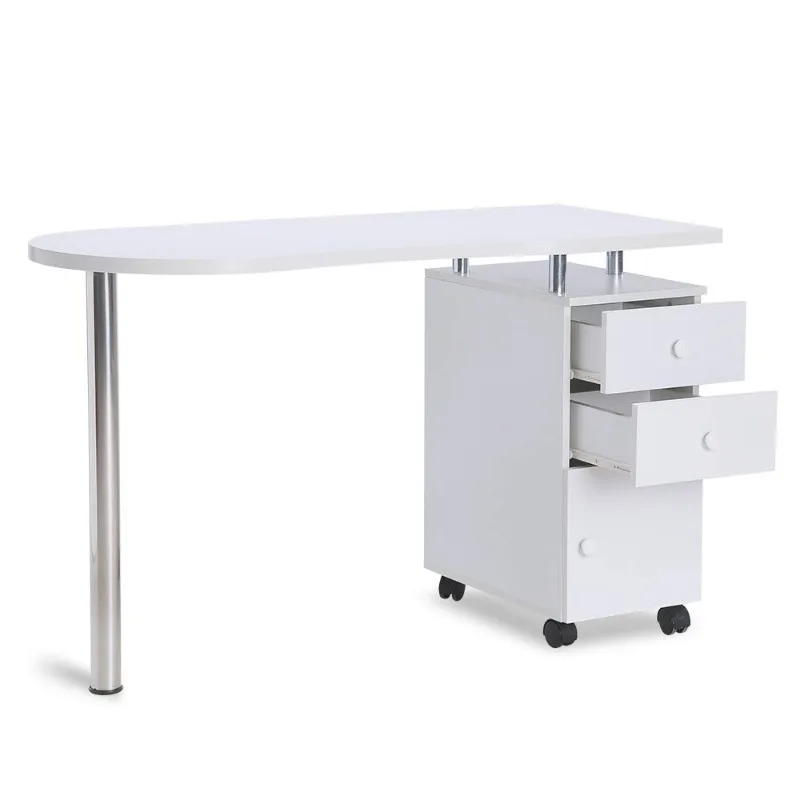 Manicure Table Nail Desk, Acetone Resistant Wooden Salon Spa Desk w/Single Cabinet, Drawers, Controllable Wheels & Client