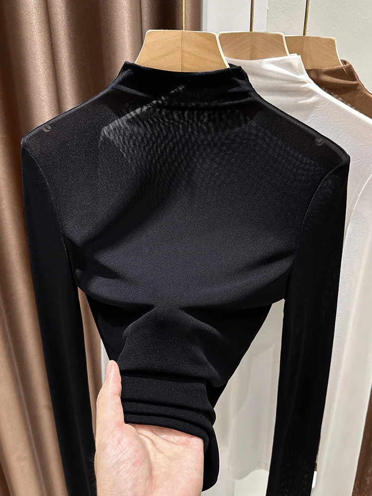 

Sexy Me Base irt Women's High Collar Long Sve Layering Inner Wear Slimming Top Nylon Fabric Hollow out Lace Design