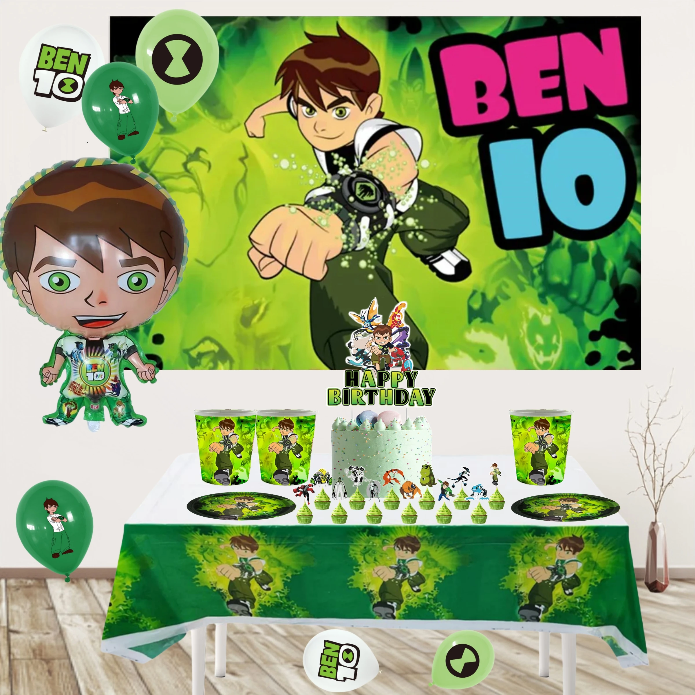 Decoración de fiesta de cumpleaños Ben 10, vajilla desechable, plato de papel, taza, Decoración de Pastel, globo de Ben Boy, suministros de fiesta