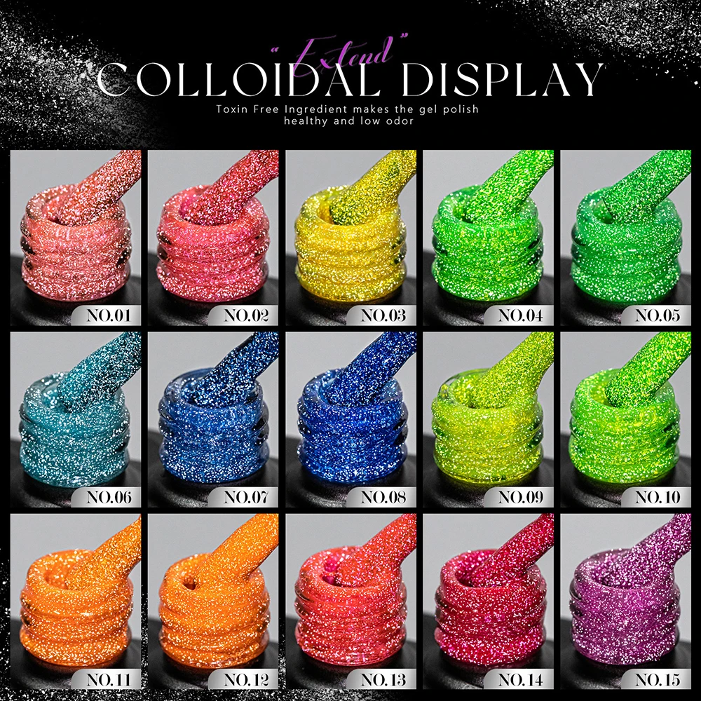 Vendeeni 15 Colors Fluorescence Flash Broken Diamond Gel Nail Polish Semi Permanent Glitter UV Soak Off Gel Varnish With Display