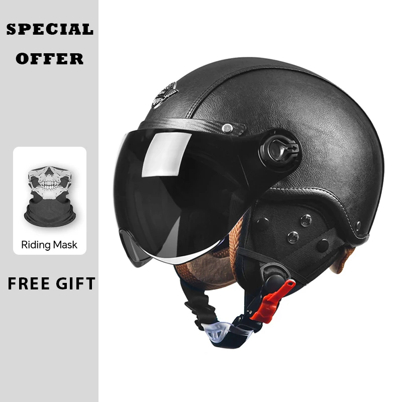 

Black Leather Vintage Open Face Helmet Motorcycle Helmets with Dark Visor DOT Approved Retro 3/4 Jet Half Helmet Four Seasons
