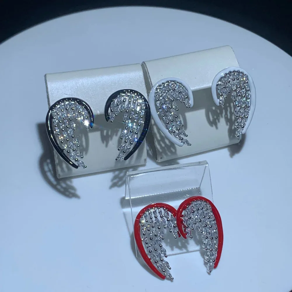 Iced Out Bling Sparking Marquise 5A Cubic Zirconia Paved Red White Black Enamel Bezel Heart Shaped Women Stud Earring
