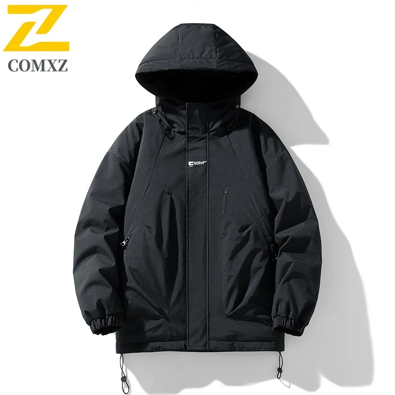 

COMXZ 2025 Winter Thick Warm Hooded Cotton Jacket Men Windproof Waterproof Loose Fit Parka Coat Outdoor Hiking Casual Outerwear