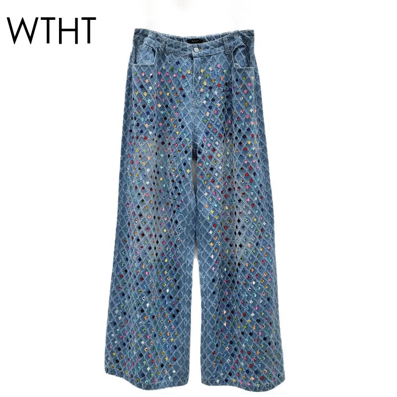 

WTHT модные женские модные широкие джинсы в клетку с яркими бриллиантами, зима 2029, новые прямые джинсовые брюки с высокой талией, женские 1LS2742