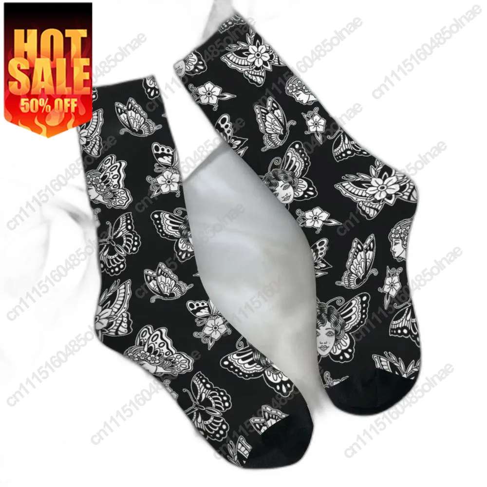 American Traditional Butterfly Tattoo Flash Pattern Stockings Men's Retro Quality Sock Harajuku Winter Non Slip Socks