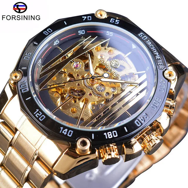 Fashion Forsining Top Brand Full Luxury Golden Stainless Steel Men\'s Casual Hollow Out Fully Automatic Mechanical Wrist Watches