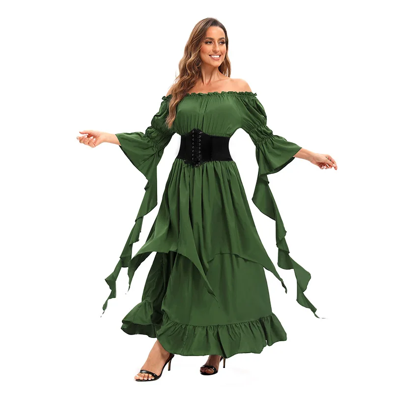 Halloween Dress Vintage Renaissance Medieval Victorian Pirate Dress Prom Ball Gown Off Shoulder Bell Sleeves Ruffle Pleated Irre