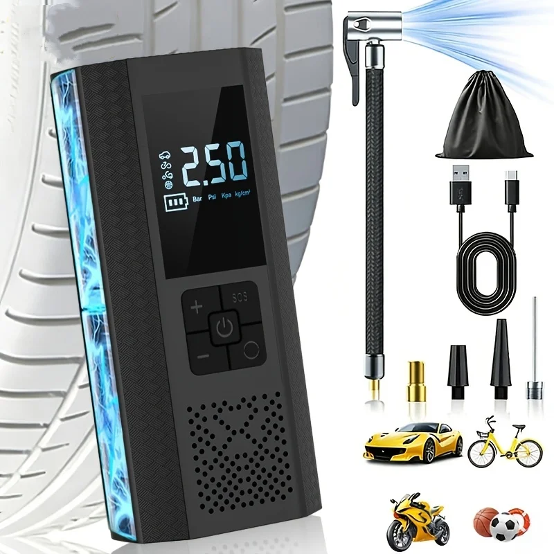 Portable Tire Inflator Air Compressor, 150Psi Car Tire Pump with Auto Shut-Off Function, Tire Pressure Gauge, Led Display, One-Touch Smart Cordless Tire Pump, Suitable for Cars, Motorcycles, Bicycles, and Balls