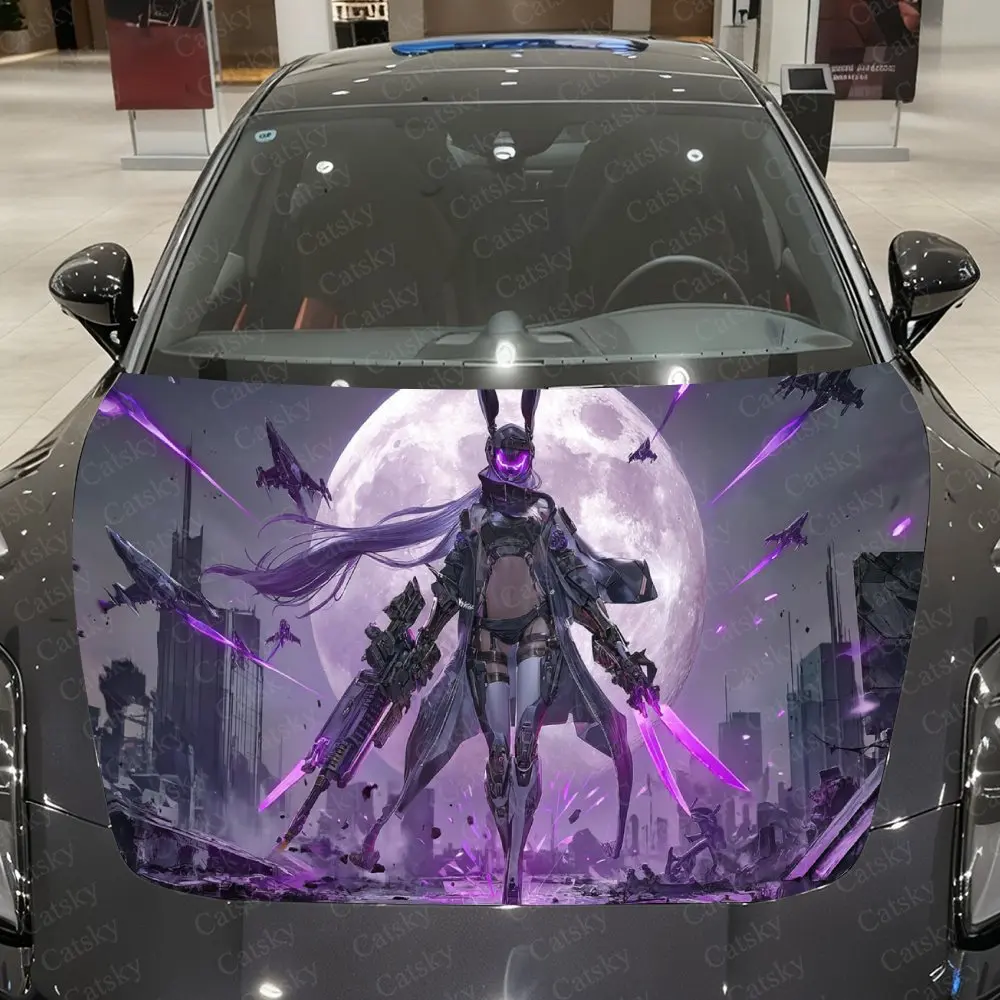 

Purple Moon Mecha Bunny Warrior Car Vinyl Wrap, PVC Material Waterproof Car Hood Sticker, Self-Adhesive Scratch-Resistant Sticke