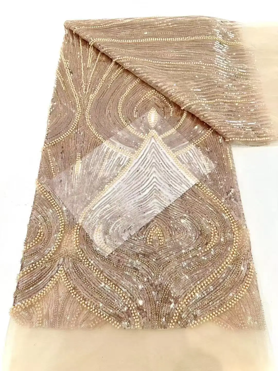 

High Quality African Nigerian Tulle Laces Fabric Sequins Embroidery French Lace For Wedding Party Dress Heavy Beads 5 Yards