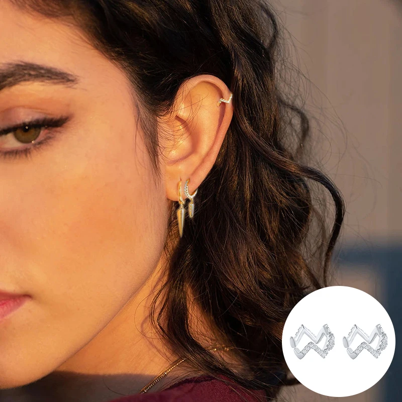 

100% 925 Sterling Silver Zircon Geometric Earrings for Women Girl Fashion Simple Wave Design Jewelry Party Gift Dropshipping